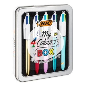 Set BIC 4 Culori cu 5 Stilouri, Metal Box, 3 Culori Shine, 2 Culori Fun