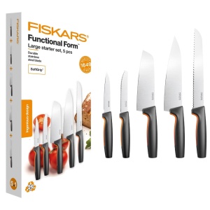 Set cutite bucatarie Fiskars Functional Form 5 piese otel inoxidabil japonez maner ergonomic negruorange