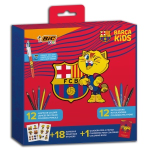 Set de colorat BIC Kids FC Barcelona cu 4 stilouri, 12 carioci, 12 creioane colorate si 18 autocolante