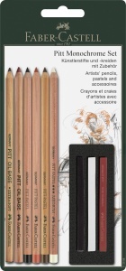 Set de creioane grafice Faber-Castell Pitt Monochrome 9 piese, culori negru, alb, rosu, sepia