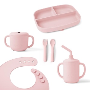 Set de farfurii Ergobaby Deluxe pentru bebelusi, 6 luni, 3-in-1, roz