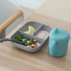 Set de invatare din silicon Beaba, 3 piese, farfurie cu 3 compartimente, albastru - Img 5