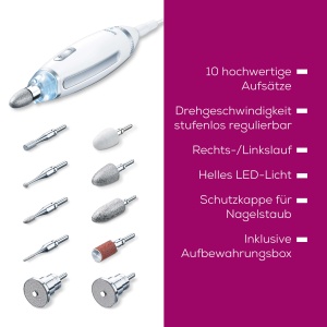 Set de manichiura / pedichiura Beurer MP 62, pila de unghii electrica cu 10 accesorii de ingrijire a unghiilor de inalta calitate, lumina LED, taietor de unghii cu control continuu al vitezei, cu geanta de depozitare, alb - Img 6