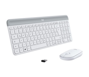 Set de mouse cu tastatura fara fir Logitech MK470 Slim Combo, conexiune de 2,4 GHz prin receptor nano USB, raza de actiune de 10 m, durata de viata a bateriei de 18 luni, PC/laptop, aspect QWERTZ german - alb