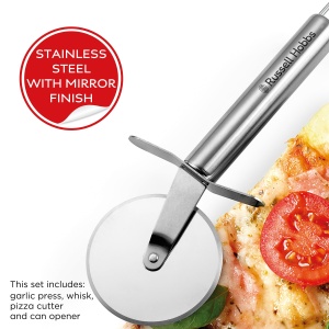 Set de unelte de bucatarie Russell Hobbs din otel inoxidabil RH00124, ton argintiu, include taietor de pizza, tel, presa de usturoi si deschizator de conserve/cutii, otel inoxidabil, 4 bucati - Img 4