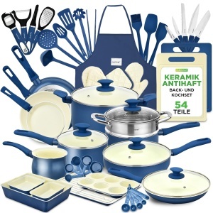 Set de Vase de Gatit NutriChef 54 piese, Inductie, Albastru, Diverse Dimensiuni