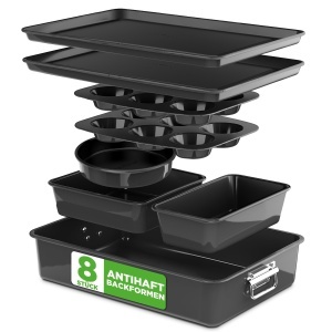 Set forme de copt NutriChef 8 piese, antiaderente, din otel carbon, negru