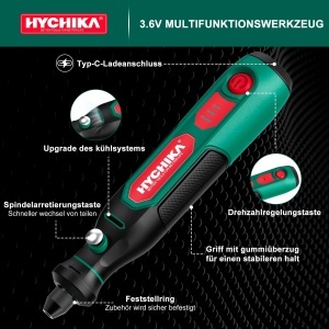 Set multifunctional rotativ HYCHIKA 3.6V, 77 accesorii, USB-C, viteza reglabila - Img 2
