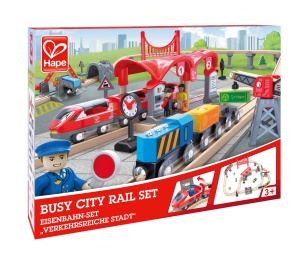 Set tren din lemn Hape Verkehrsreiche Stadt cu accesorii si figurine pentru copii 3 - Img 6