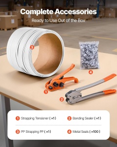 Set Umreifare VEVOR 4 piese, Dispozitiv manual, Banda PET 100 m, 100 clipsuri metalice - Img 2