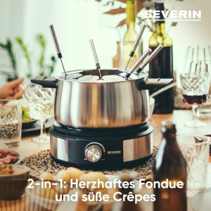 SEVERIN Fondue-Crepes Combo, set fondue care poate fi spalat in masina de spalat vase cu 8 furculite cu coduri de culori, Fondue Crepes Maker Combi din otel inoxidabil, negru, FO 2471 - Img 3