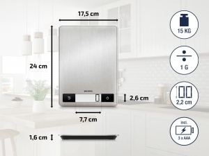 Soehnle Page Profi 200, cantar digital de bucatarie argintiu din otel inoxidabil, greutate de pana la 15 kg (precizie de 1 g), cantar de uz casnic cu functie tactila cu senzor patentat, cantar electronic cu baterii - Img 7