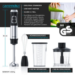 Stabmixer Arendo MEXO 1200W Motor DC Set 3 in 1 cu Pahar Gradat - Img 2