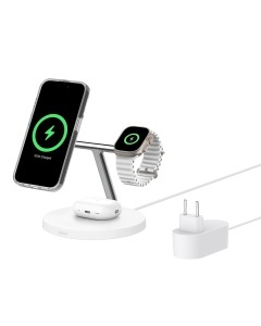 Statie de incarcare wireless Belkin BoostCharge Pro 3-in-1, 15W, MagSafe, alba