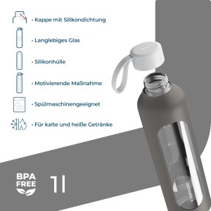 Sticla de apa Wessper ActiveMax 1L din sticla borosilicata, gri, cu capac din bambus - Img 2