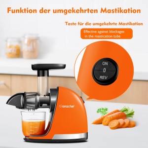 Storcatorul AMZCHEF Castigator al testului de legume si fructe - Storcator lent cu functie de mestecat invers - Zdrobire frageda fara filtrare - Storcator electric cu perie si 2 cani - portocale - Img 8