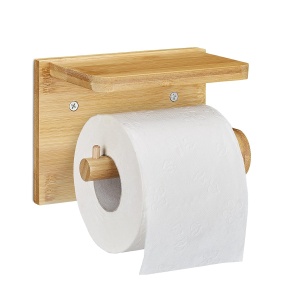 Suport toaleta cu raft pentru telefon si servetele umede, Bambus, 12x16x10.3 cm