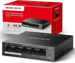Switch PoE Gigabit Mercusys MS105GP, 5-Porturi, 65W, Plug-and-Play