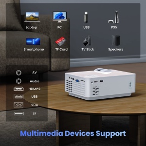 T TOPVISION Bluetooth 5.1 Mini Beamer - 9500Lumens Multimedia Home Theater Beamer, nativ 1080P cu ecran de 100'' compatibil cu HDMI, USB, AV, Smartphone, Pad, TV Box, Laptop - Img 6
