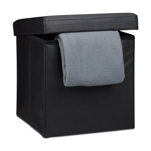 Taburet pliabil Relaxdays, 40L, piele ecologica, negru