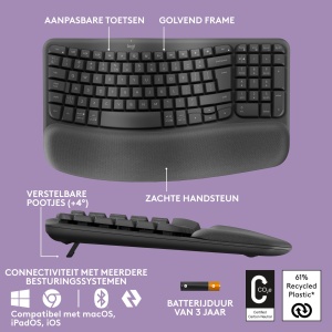 Tastatura ergonomica Logitech Wave Keys, wireless, grafit, layout US QWERTY - Img 6