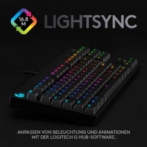 Tastatura mecanica pentru jocuri Logitech G PRO - Design portabil Tenkeyless, cablu micro USB detasabil, comutatoare GX Blue Clicky, taste iluminate din spate LIGHTSYNC RGB, QWERTZ GERMANA, PC, Mac - negru - Img 5