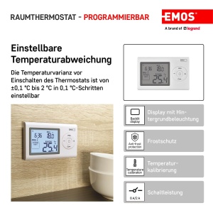 Termostat digital de camera EMOS, termostat de perete programabil pentru sisteme de incalzire si racire, termostat / regulator de temperatura a camerei cu protectie impotriva inghetului, conectat prin fir pentru montare pe suprafata 12 x 2,6 x 7,8 cm - Img 3