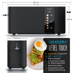 Toaster 2 felii Arendo LEVEL TOUCH, 1000W, 6 trepte rumenire, display LED, negru - Img 2