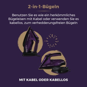 Tower T22008 Fier de calcat cu abur fara fir CeraGlide cu talpa ceramica - Fier de calcat cu abur cu functie variabila de abur, violet - Img 3