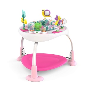 Trampolin pentru bebelusi Bright Starts Bounce Baby, 2 in 1, roz, cu 7 jucarii