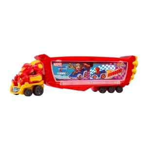 Transportator Hot Wheels Marvel Hulkbuster pentru 10 masini, design Iron Man