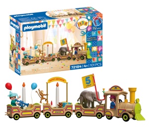 Tren de aniversare PLAYMOBIL 72184 cu animale, accesorii si numere reutilizabile