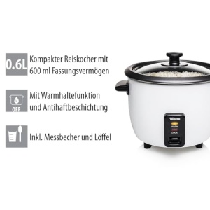 Tristar RK-6117 Aragaz orez, 0.6L, Orez pentru pana la 3 persoane fara ardere, Cu functie de mentinere la cald, 300W, Otel inoxidabil, Alb - Img 6