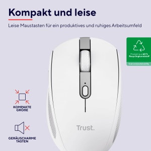 Trust Ozaa Silent Wireless Mouse Bluetooth + 2.4GHz, Compact Multi-Device Wireless Mouse, 60% Plastic Reciclat, Reincarcabil Bluetooth Mouse Laptop PC Computer Windows Android Mac - Alb - Img 2