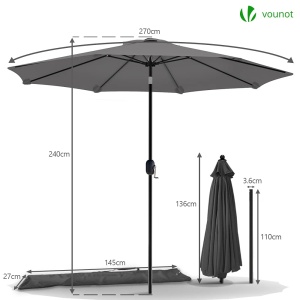 Umbrela de Soare VOUNOT 270 cm, cu Manivela, Ajustabila, Gri - Img 6