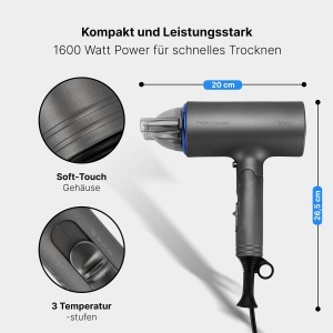 Uscator de par pliabil ProfiCare(r) |1600W | Uscator de par compact pentru calatorii | Functia de ionizare pentru parul stralucitor | Uscator de par de calatorie | 3 niveluri | Soft Touch - Carcasa | Uscator de par de calatorie mic | PC - HT 3073 albastru - Img 2