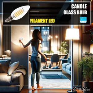 V-TAC 6x Bec LED Filament Lumanare E14 4W (echivalent cu 35W) - Alb cald 400 lumeni - Pachet de 6 - Eficienta maxima - Decorare filament - Becuri LED - Bec cu economie de energie - 3000K - Img 5