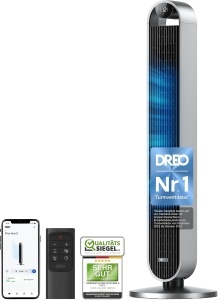 Ventilator turn inteligent DREO Pilot Max S 714S, 36 W, 12 viteze, 4 moduri, oscilatie 120°, Wi‑Fi, telecomanda, argintiu