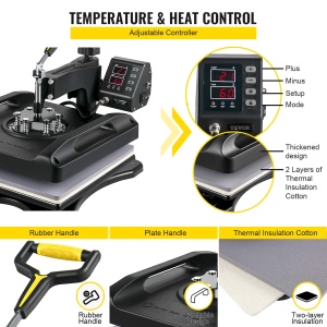 VEVOR 1200W Heat Press 8 IN 1 T-Shirt Press, 38 x 38cm Black Heat Press, Tricou Heat Press pentru aplicarea literelor, numerelor si modelelor pe sepci, tricouri, cani, farfurii 51 x 40 x 47cm - Img 3