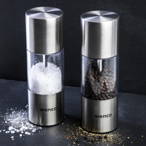 wenco Set de moara de sare si piper 2 bucati, mori de condimente din otel inoxidabil cu rasnita ceramica, dimensiune de macinare reglabila continuu, pentru condimente uscate, piper si sare, argintiu/transparent - Img 2