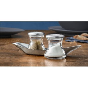 WMF Wagenfeld Shaker Set 3 bucati, Max si Moritz, shaker cu farfurie, piper cu sare, sticla, otel inoxidabil Cromargan mat, poate fi spalat in masina de spalat vase - Img 3