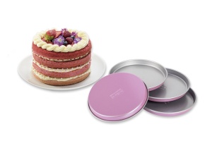 Zenker creative studio Set de tavi pentru tort in straturi, tavi de copt rotunde, tavi de copt cu acoperire antiaderenta, tava de tort: O180mmx18mm, coacere creativa (culoare: roz, argintiu), cantitate: 4 bucati - Img 3