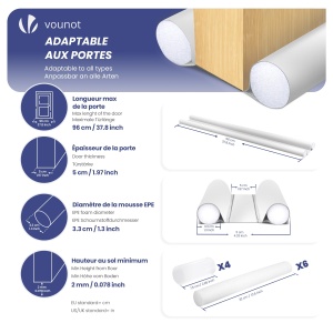 Zugluftstopper pentru usi VOUNOT, 96 cm, alb, cu protectie termica si fonica - Img 3