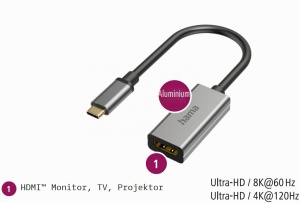 Adaptor HDMI Hama USB-C, 8K 60Hz, Aluminiu, 15 cm - Img 2