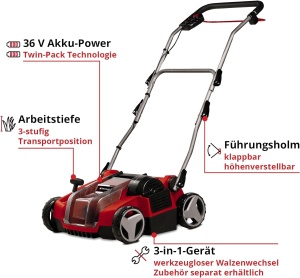 Aerator Einhell GE-SC 36/35 Li-Solo Power X-Change (36 V, latime de lucru 35 cm, fara perii, rola de cutit cu 16 lame, ghidon pliabil, fara baterie) - Img 3