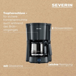 Aparat de cafea SEVERIN "Type" cu ulcior de sticla, cafea aromata, preparata rapid si silentios cu aparat de cafea pentru pana la 10 cani, aparat de cafea cu filtru, otel inoxidabil-negru, KA 9554 - Img 4