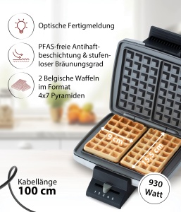 Aparat de facut waffles Cloer 1445, 930 W, 2 Waffeln, inox - Img 2