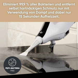 Aparatul de curatat cu abur 2 in 1 SEVERIN cu functie multifunctionala si accesorii combinate practice, pentru toate pardoselile dure si covoare, indeparteaza 99,9% bacterii, timp de incalzire de doar 15 secunde, cablu de 9m, alb/negru, SC 7145 - Img 3