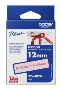 Banda textila Brother P-touch TZe-RE34, 12mm, aurie pe roz, 4m