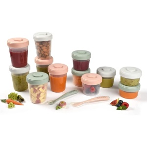 BEABA, Set de 12 recipiente de depozitare si 2 linguri de hranire din silicon, recipiente stivuibile, 100% etanse, congelare, lapte matern, 2 x 90 ml + 4 x 150 ml + 6 x 250 ml, eucalipt